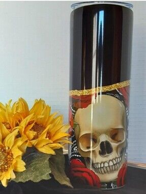 Hand Crafted  Skull  Tumbler Black Red Gothic, Halloween Punk  20 oz Thermal